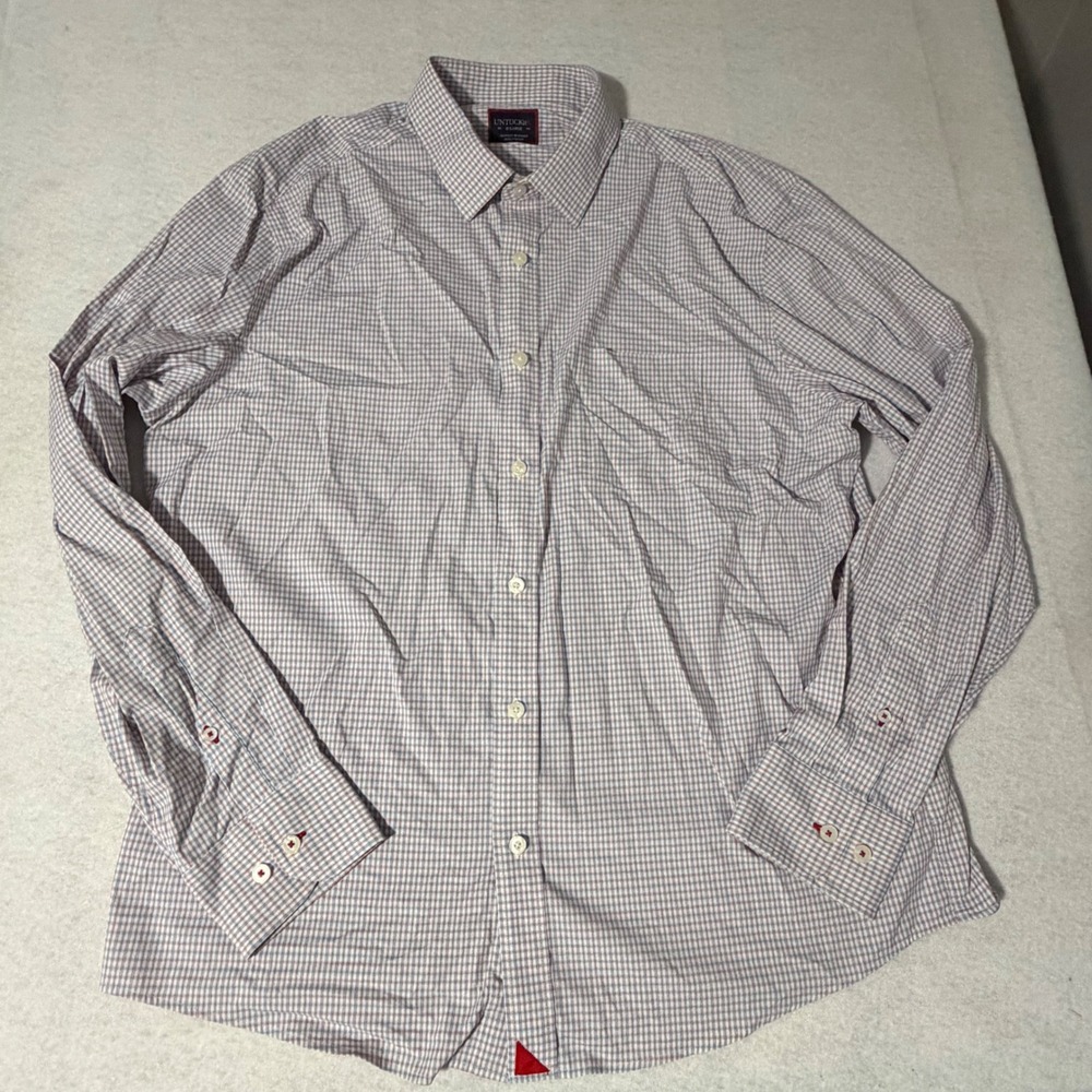UNTUCKit Mens XL Performance Button Down Shirt Red Blue Micro Check Stretch